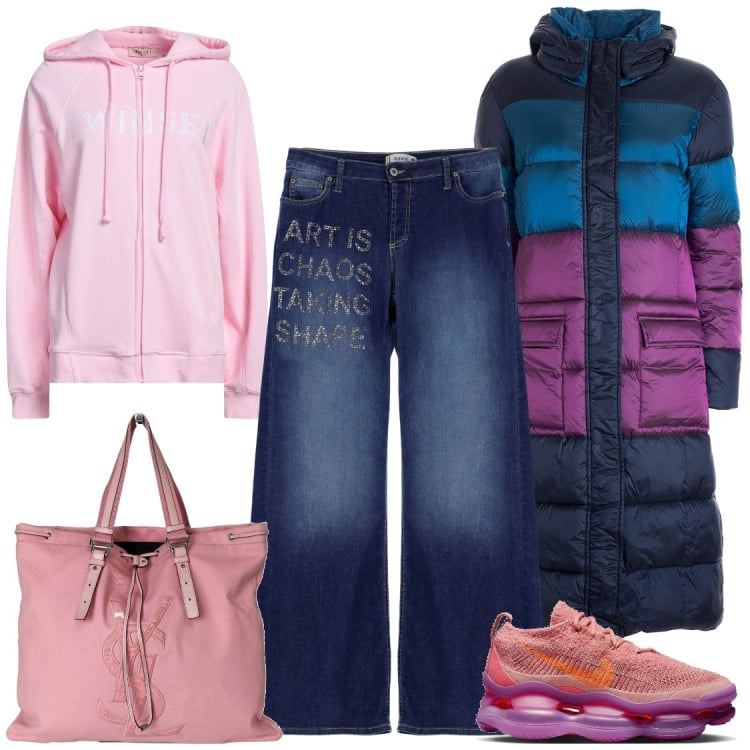 Outfit donna - Sportiva in denim. Stile Sporty chic per Sport. Abbinamento con felpe con cappuccio, borse a spalla, jeans, piumini, sneakers.