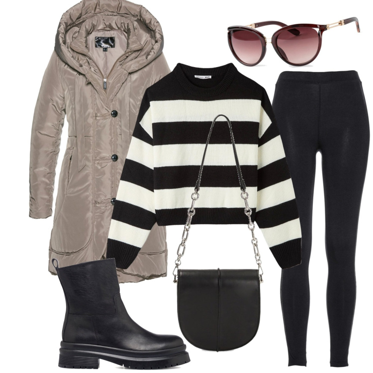 Outfit donna - Basic in città. Stile Basic per Tutti i giorni. Abbinamento con blazer, occhiali da sole, leggings, maglieria, borse a tracolla, stivaletti.
