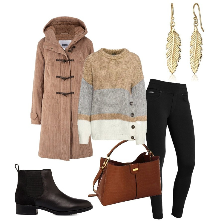 Outfit donna - Casual look. Stile Casual per Tutti i giorni. Abbinamento con maglieria, montgomery, pantaloni skinny, stivaletti, borse a mano, orecchini.