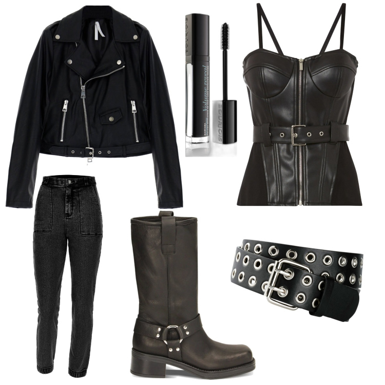 Outfit donna - Stile rock. Stile Rock per Tutti i giorni. Abbinamento con cinture, top, mascara, cappotti, jeans skinny, stivaletti.