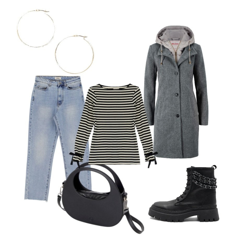 Outfit donna - Look di stagione. Stile Casual per Tutti i giorni. Abbinamento con cappotti, maglieria, jeans dritti, orecchini, borse a spalla, anfibi.