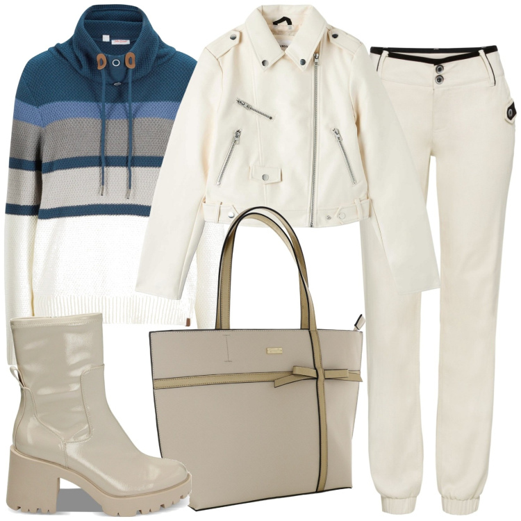 Outfit donna - Total look #1755815. Stile Casual per Tutti i giorni. Abbinamento con maglieria, pantaloni, cappotti, stivaletti, shopping bag.