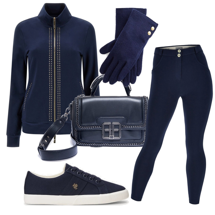 Outfit donna - Sporty chic. Stile Sporty chic per Tutti i giorni. Abbinamento con borse a spalla, pantaloni skinny, felpe, scarpe sportive, guanti.