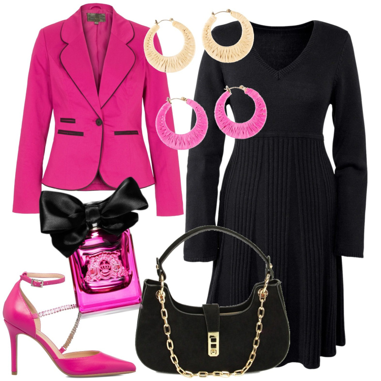 Outfit donna - Serata elegante. Stile Chic per Serata fuori. Abbinamento con vestiti, blazer, orecchini, profumi, borse a spalla, décolleté.