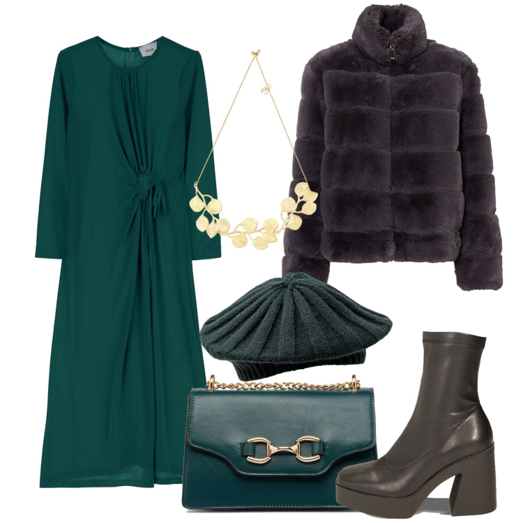 Outfit donna - Passione verde. Stile Casual chic per Tutti i giorni. Abbinamento con ecopellicce, stivaletti, vestiti lunghi, collane, borse a tracolla, cappelli e berretti.