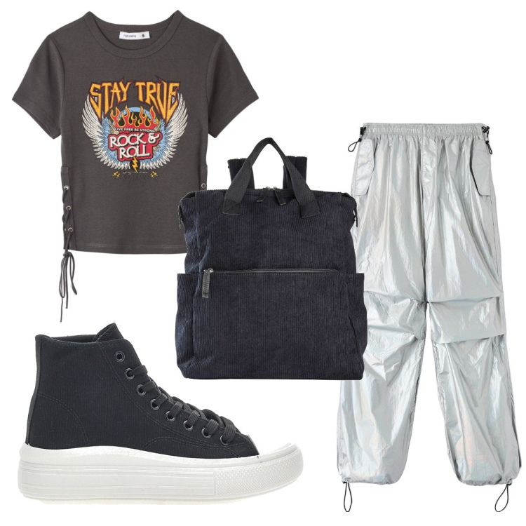 Outfit donna - Total look #1755887. Stile Urban per Tutti i giorni. Abbinamento con zaini, pantaloni, t-shirt, sneakers alte.