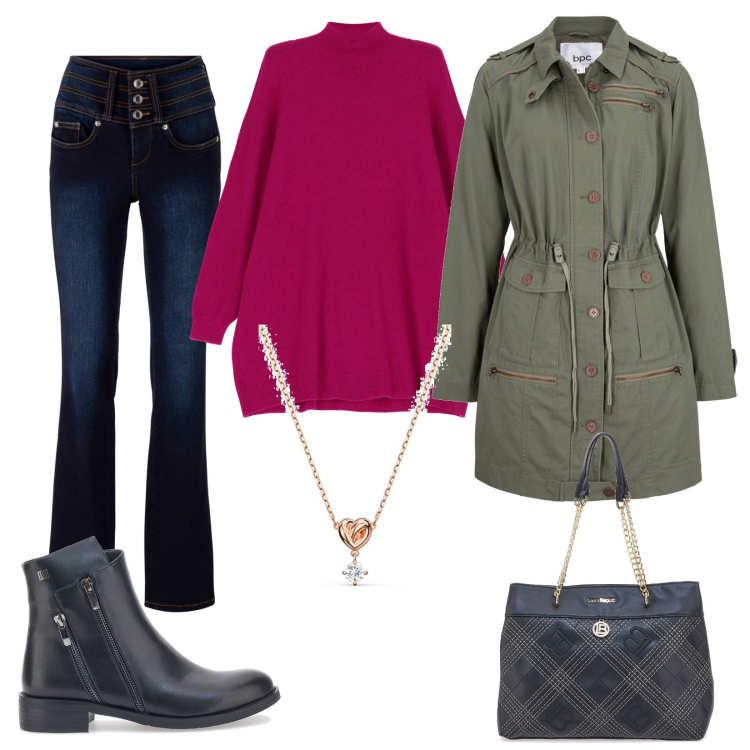 Outfit donna - Il trench (donna curvy). Stile Urban per Tutti i giorni. Abbinamento con jeans bootcut, parka, pullovers, stivaletti, borse a spalla, ciondoli.