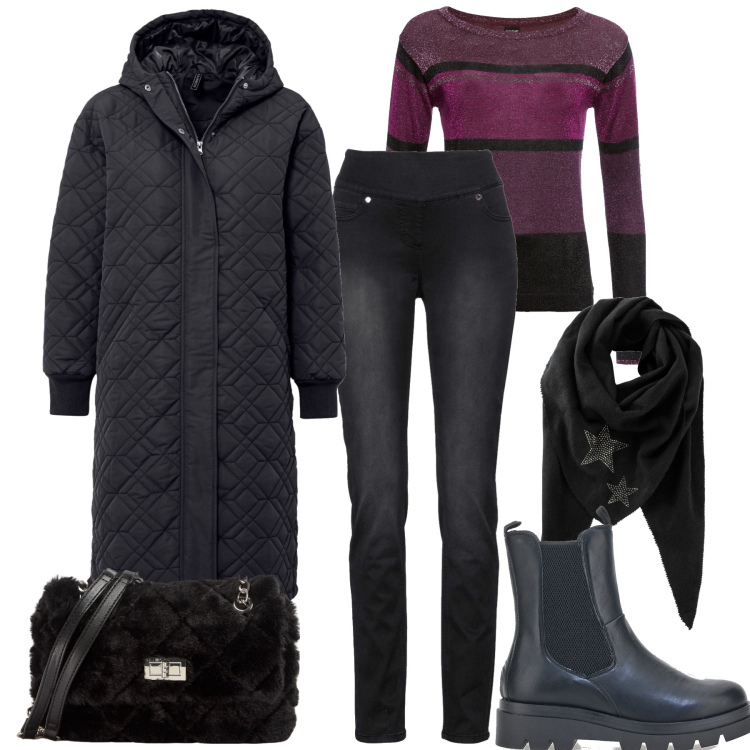 Outfit donna - Giornate piovose. Stile Basic per Tutti i giorni. Abbinamento con maglieria, jeans, foulard, cappotti, borse a spalla, stivaletti chelsea.
