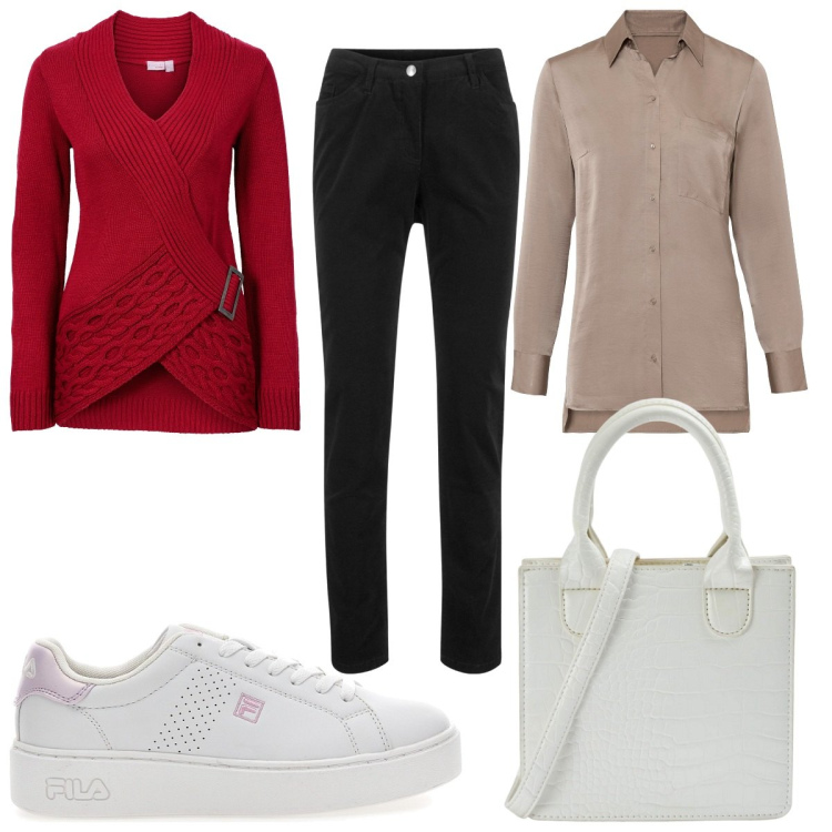 Outfit donna - Il pullover che amo. Stile Trendy per Tutti i giorni. Abbinamento con pantaloni, maglieria, camicie, shopping bag, sneakers.