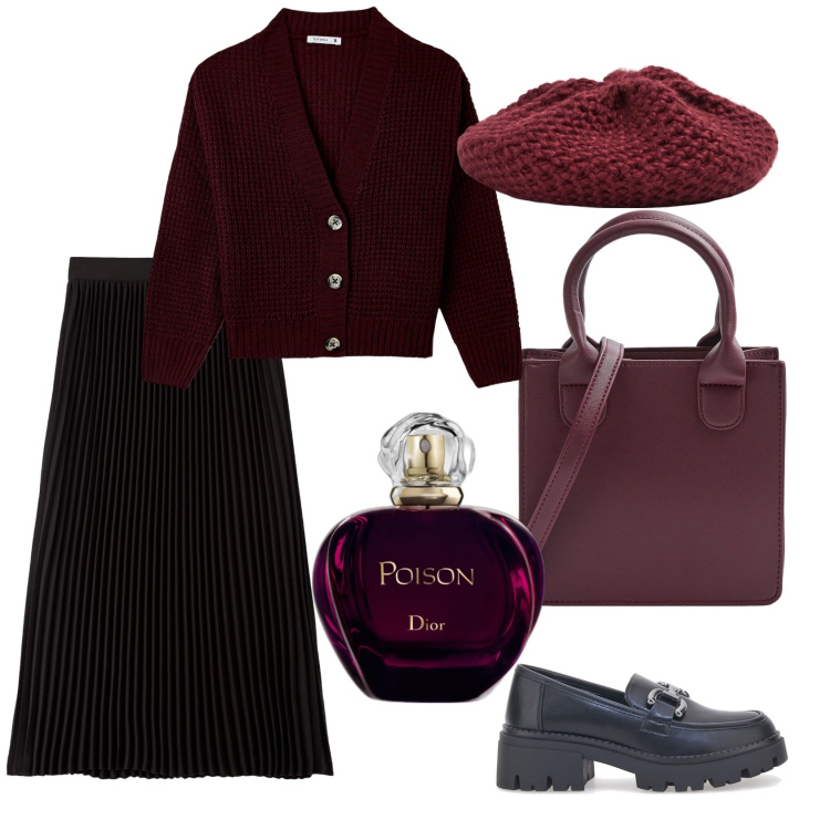 Outfit donna - Office mood. Stile Chic per Ufficio. Abbinamento con profumi, gonne longuette, cardigans, shopping bag, cappelli e berretti, mocassini.