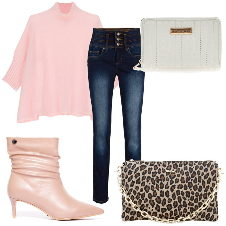 Outfit donna - Jeans casual chic. Stile Casual chic per Tutti i giorni. Abbinamento con jeans, stivaletti, maglieria, pochette, portafogli.