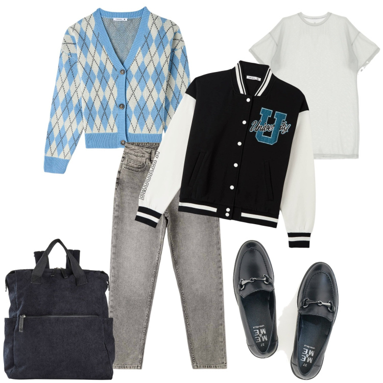 Outfit donna - Vita da college. Stile Preppy per Scuola/Università. Abbinamento con zaini, bomber, jeans mom, cardigans, vestiti corti, mocassini.