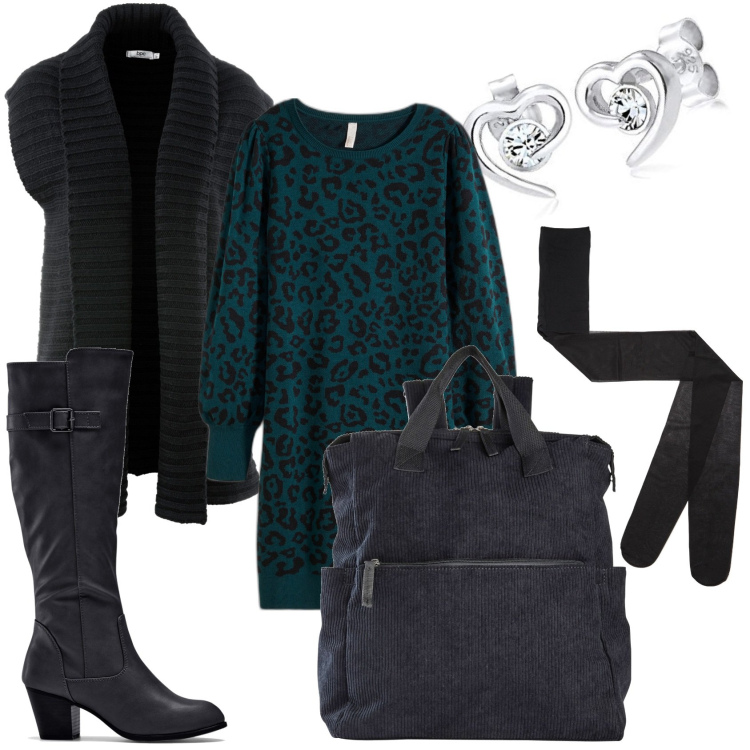 Outfit donna - Calda in verde bottiglia. Stile Casual chic per Tutti i giorni. Abbinamento con stivali, zaini, vestiti, gilet, collant, orecchini.