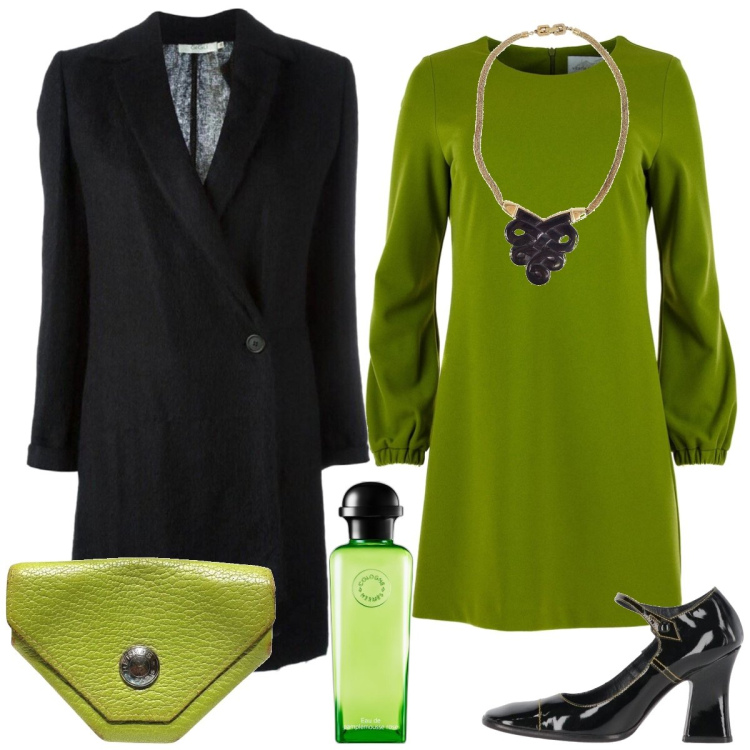 Outfit donna - Pomeriggio in verde. Stile Vintage retrò per Tutti i giorni. Abbinamento con décolleté, collane, cappotti, portafogli, profumi, vestiti midi/longuette.