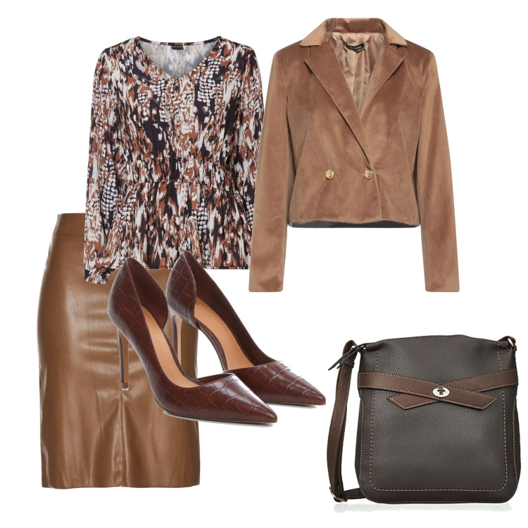 Outfit femme - Casual chic #24368. Style Casual chic pour Soirée dehors. Assortir avec jupes, tuniques, blazers, chaussures à talon, sacs besace.