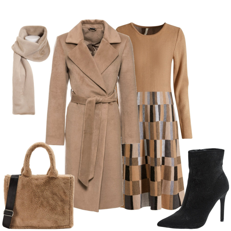 Outfit donna - In città. Stile Casual chic per Tutti i giorni. Abbinamento con vestiti, cappotti, shopping bag, stivaletti, foulard.
