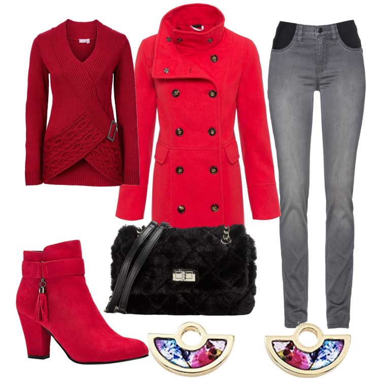 Outfit donna - Total look #1756225. Stile Casual chic per Tutti i giorni. Abbinamento con jeans, cappotti, stivaletti, maglieria, borse a spalla, orecchini.
