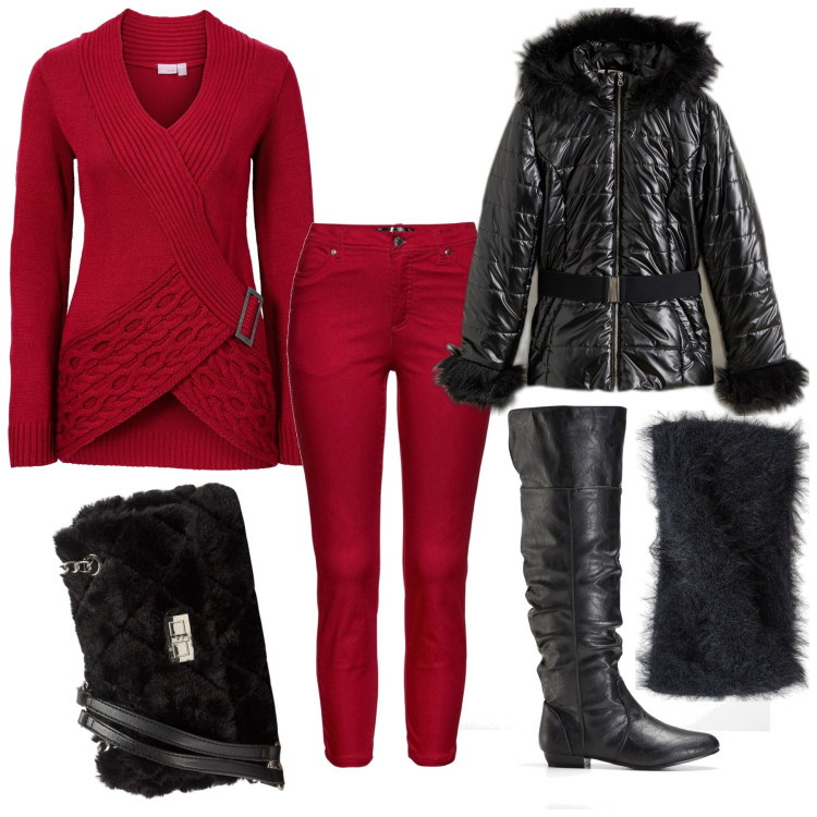 Outfit donna - Rosso pull. Stile Casual chic per Tutti i giorni. Abbinamento con pantaloni, stivali sopra il ginocchio, maglieria, blazer, fasce per capelli, borse a spalla.