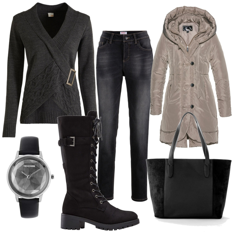 Outfit donna - Grey pool. Stile Casual per Tutti i giorni. Abbinamento con blazer, shopping bag, pullovers, jeans boyfriend, stivali, orologi.