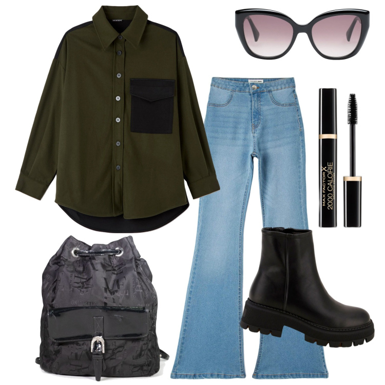 Outfit donna - La camicia nera. Stile Casual per Tutti i giorni. Abbinamento con zaini, occhiali da sole, mascara, jeggings, camicie, stivaletti.