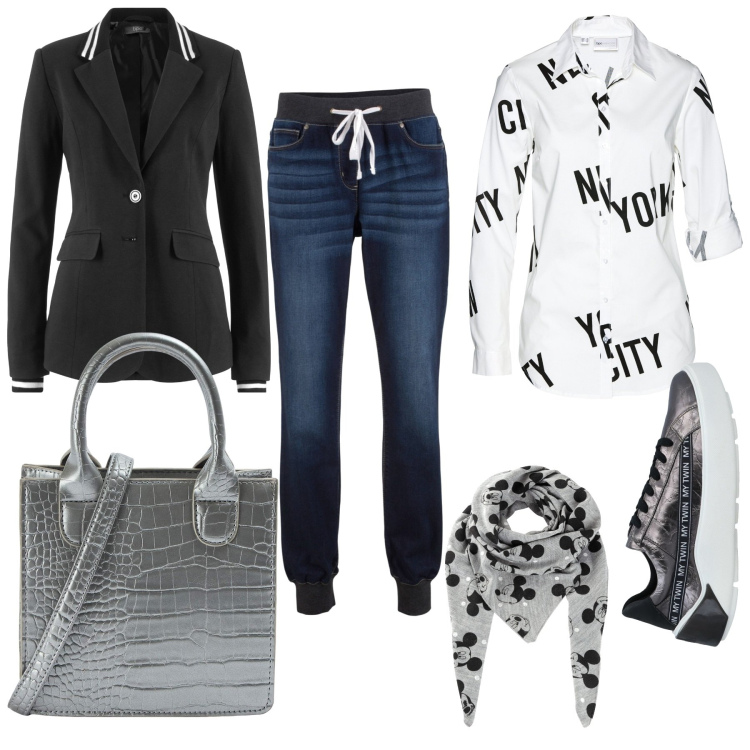 Outfit donna - Sporty jeans. Stile Casual per Tutti i giorni. Abbinamento con jeans boyfriend, blazer, camicie, foulard, sneakers alte, shopping bag.