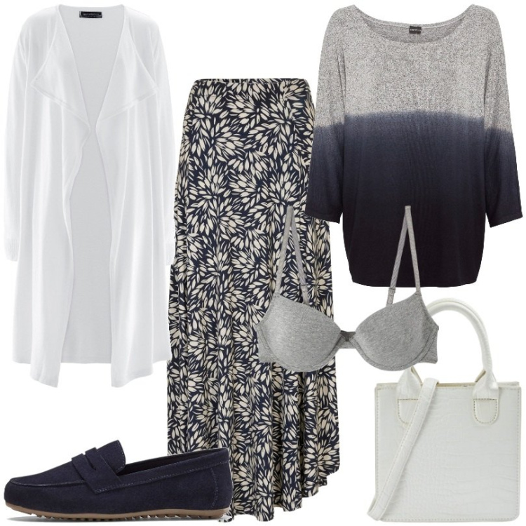 Outfit donna - Cardigan lungo con collo a scialle. Stile Casual per Ufficio. Abbinamento con maglieria, cardigans, mocassini, gonne, shopping bag, reggiseni.