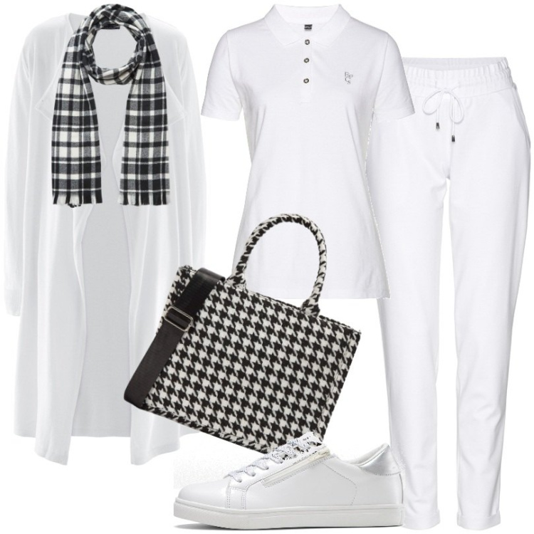Outfit donna - La polo in un look semplice e comodo. Stile Basic per Scuola/Università. Abbinamento con polo, pantaloni, sneakers, cardigans, sciarpe, shopping bag.