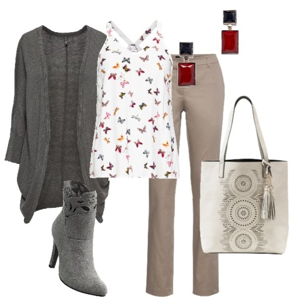 Outfit donna - Urban #7422. Stile Urban per Ufficio. Abbinamento con top, pantalone, shopping bag con manico e nappine beige, stivaletti, maglieria, orecchini pendenti farfalla in denim jersey oro.