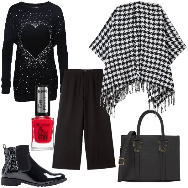 Outfit donna - Pullover del cuore. Stile Trendy per Tutti i giorni. Abbinamento con pullovers, stivaletti, smalti, cappe, pantaloni, shopping bag.