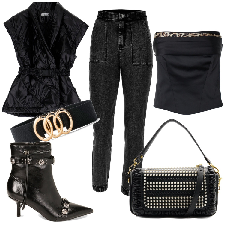 Outfit donna - Heart of rock. Stile Rock per Serata fuori. Abbinamento con cinture, piumini, jeans skinny, stivaletti, borse a spalla, top.