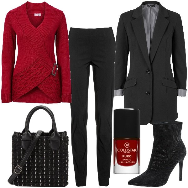 Outfit donna - Il Pullover con la fibia. Stile Trendy per Ufficio. Abbinamento con pantaloni, maglieria, giacche, smalti, stivaletti, shopping bag.