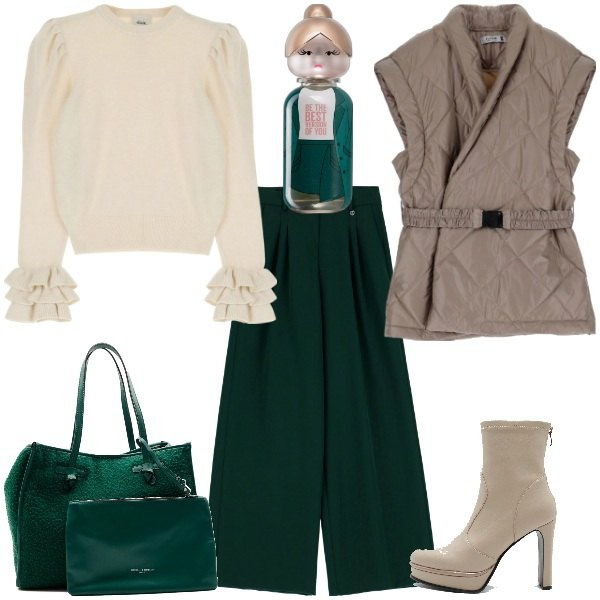 Outfit donna - Color block. Stile Trendy per Tutti i giorni. Abbinamento con profumi, pantaloni a palazzo, piumini, pullovers, stivaletti, pochette.
