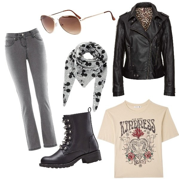 Outfit donna - Total look #1756359. Stile Rock per Tutti i giorni. Abbinamento con jeans slim fit, occhiali da sole, cappotti, stivaletti, foulard, t-shirt.