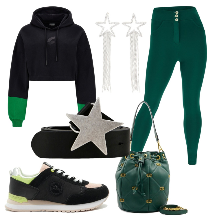 Outfit donna - Total look #1756377. Stile Sporty chic per Sport. Abbinamento con pantaloni skinny, felpe con cappuccio, orecchini, cinture, sneakers, borse a spalla.