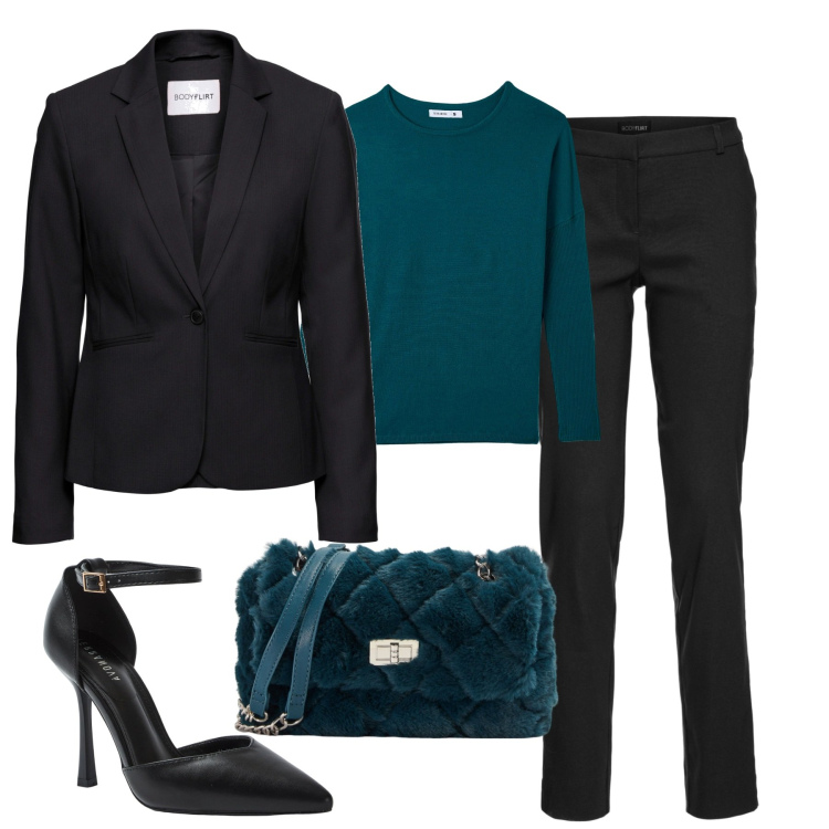 Outfit donna - In ufficio. Stile Casual chic per Ufficio. Abbinamento con blazer, pantaloni, maglieria, décolleté, borse a spalla.