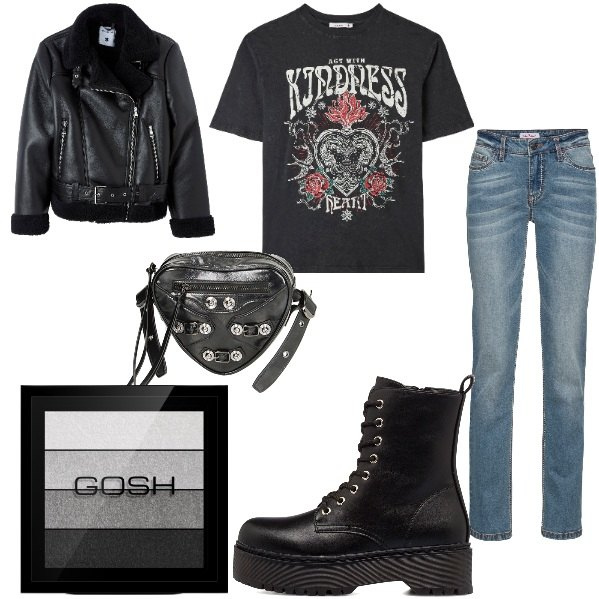 Outfit donna - Rock style. Stile Rock per Tutti i giorni. Abbinamento con jeans dritti, ombretti, ecopellicce, t-shirt, borse a tracolla, anfibi.