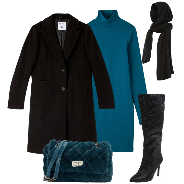 Outfit donna - Petrolio e nero. Stile Casual chic per Tutti i giorni. Abbinamento con sciarpe, vestiti, cappotti, borse a spalla, stivali sopra il ginocchio.