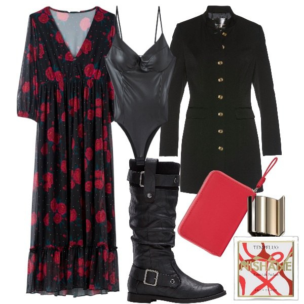 Outfit donna - Giacca lunga con tanti bottoni. Stile Vintage retrò per Serata fuori. Abbinamento con blazer, stivali sopra il ginocchio, profumi, vestiti lunghi, portafogli, body.