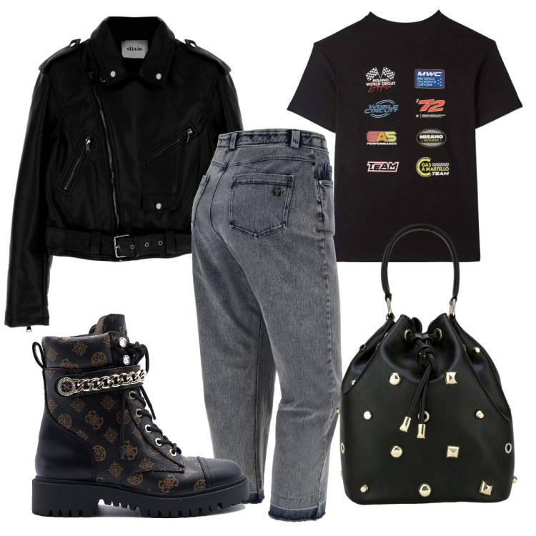 Outfit donna - Anfibi con catena. Stile Rock per Tutti i giorni. Abbinamento con t-shirt, jeans dritti, borse a secchiello, cappotti, anfibi.