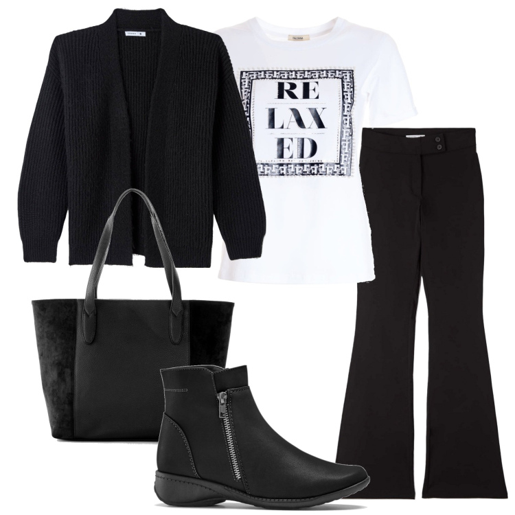Outfit donna - Pantaloni a zampa. Stile Casual per Tutti i giorni. Abbinamento con stivaletti, shopping bag, pantaloni, cardigans, t-shirt.