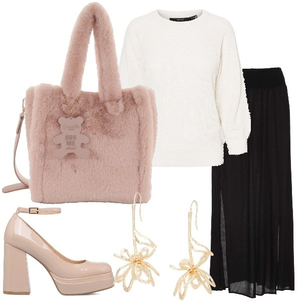 Outfit donna - Teddy Bag Camomilla Milano. Stile Trendy per Serata fuori. Abbinamento con gonne lunghe, orecchini, décolleté, pullovers, borse a mano.