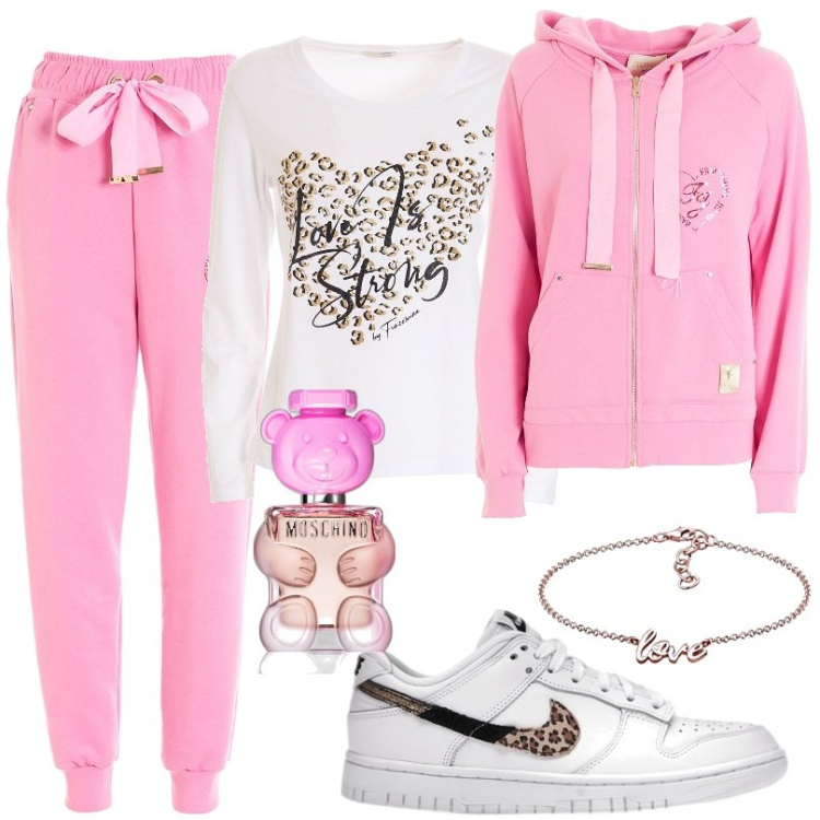 Outfit donna - Total look #1756511. Stile Basic per Tutti i giorni. Abbinamento con sneakers, profumi, felpe con cappuccio, t-shirt, pantaloni, braccialetto.