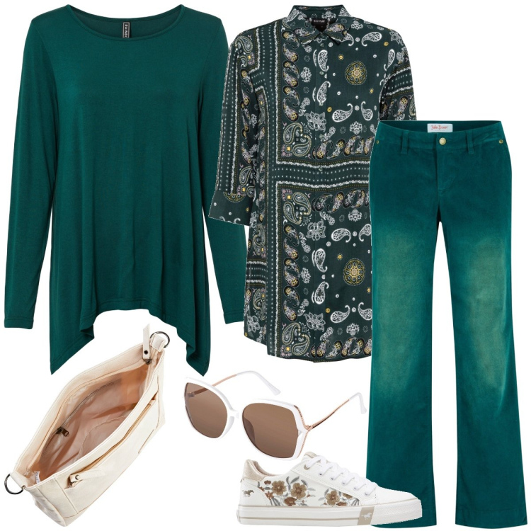 Outfit donna - Total look #1756525. Stile Casual per Tutti i giorni. Abbinamento con camicie, pantaloni, sneakers, maglieria, borse a tracolla, occhiali da sole.