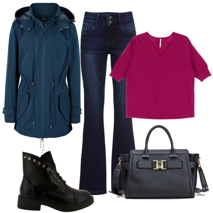 Outfit donna - Il mio maglione preferito. Stile Basic per Tutti i giorni. Abbinamento con jeans bootcut, parka, borse tote, stivaletti, maglieria.