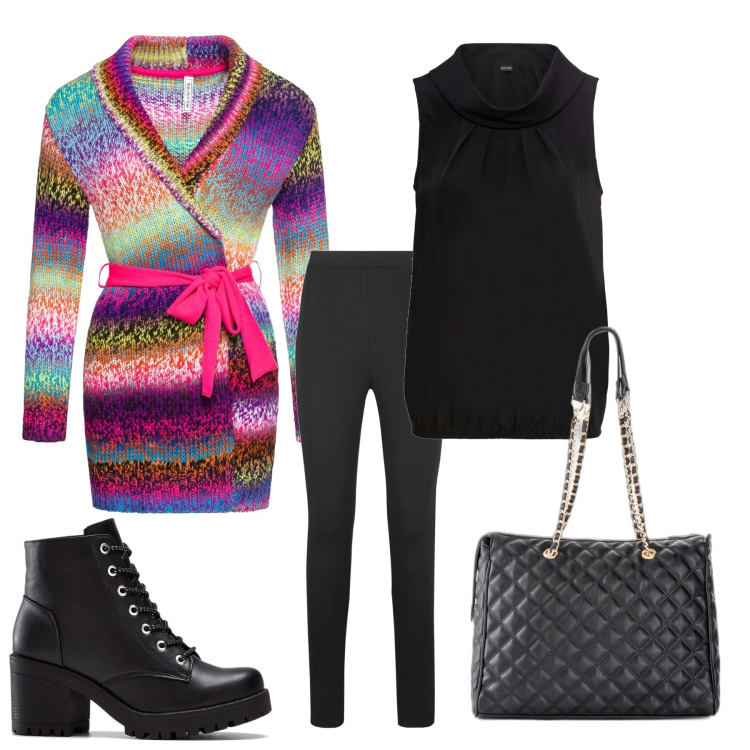 Outfit donna - Un cardigan d\'effetto. Stile Chic per Ufficio. Abbinamento con leggings, shopping bag, stivaletti, cardigans, top.