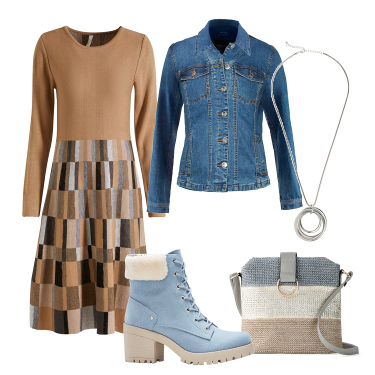 Outfit donna - Total look #1756547. Stile Casual chic per Tutti i giorni. Abbinamento con vestiti, blazer, stivaletti, borse a tracolla, collane.