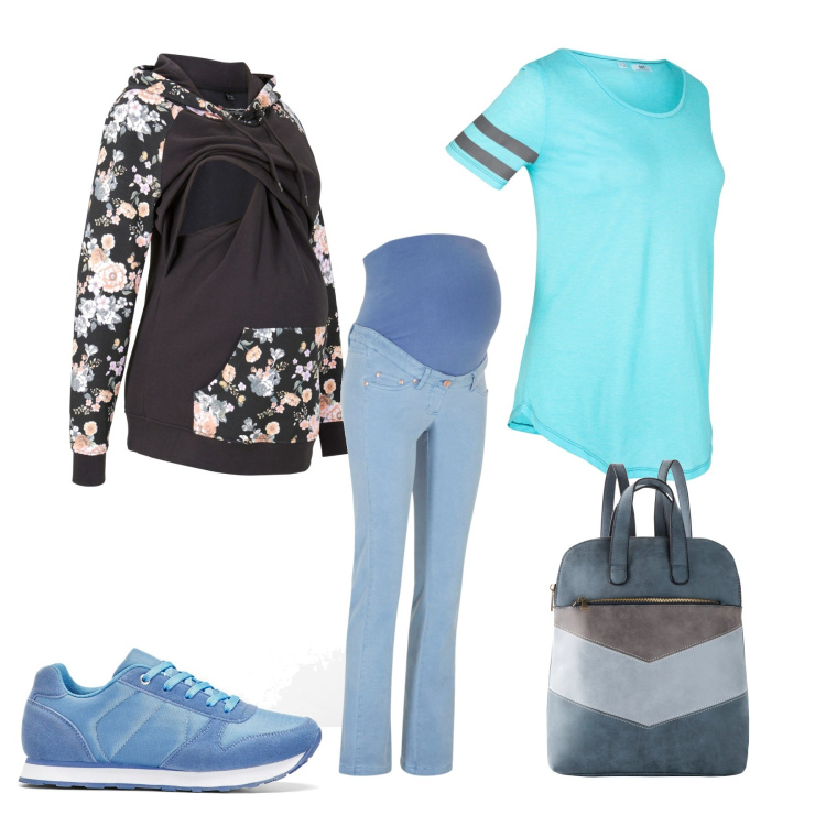 Outfit donna - Una futura mamma che non si ferma mai. Stile Casual chic per Tutti i giorni. look ideale per Premaman. Abbinamento con felpe, pantaloni, sneakers, t-shirt sportive, zaini.