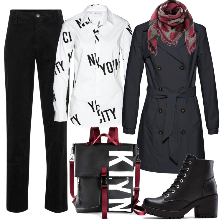 Outfit donna - Trendy in facoltà. Stile Trendy per Scuola/Università. Abbinamento con stivaletti, pantaloni, zaini, foulard, camicie, trench.