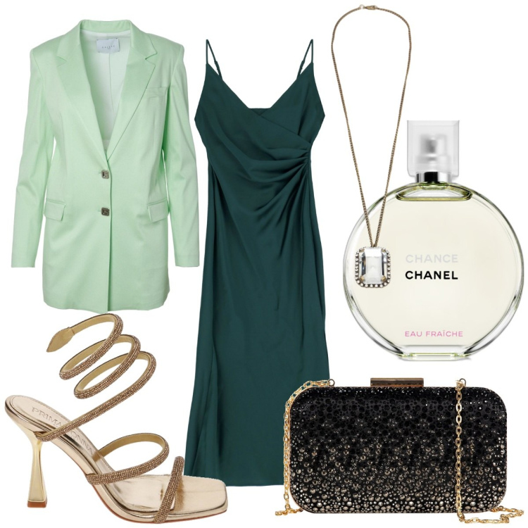 Outfit donna - Invitata in verde. Stile Glamour per Cerimonia. Abbinamento con profumi, clutch, vestiti midi/longuette, sandali col tacco, collane, giacche.