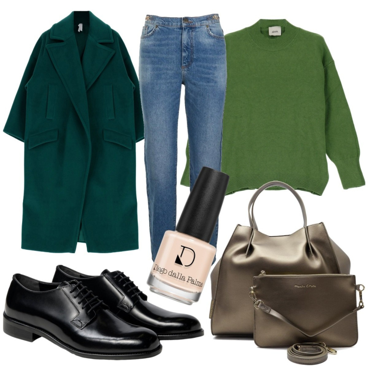 Outfit donna - Oversize verde. Stile Mannish per Ufficio. Abbinamento con smalti, cappotti, pullovers, scarpe stringate, borse a mano, jeans dritti.